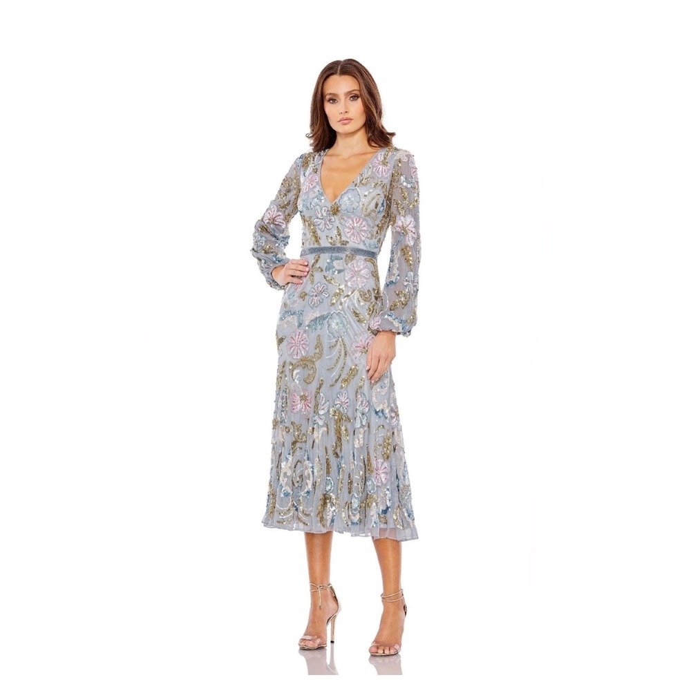 Mac Duggal 5423 Sequin Beaded Midi Dress Grey Gold Size 4 NEW Floral Gown Party